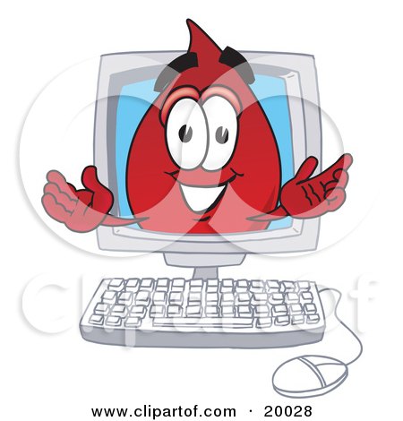 Clipart Picture of a Blood Drop Mascot Cartoon Character Waving From Inside a Computer Screen by Mascot Junction