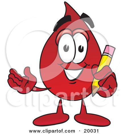 Clipart Picture of a Blood Drop Mascot Cartoon Character Holding a Pencil by Mascot Junction