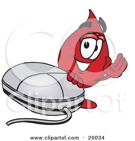 Clipart Picture of a Blood Drop Mascot Cartoon Character With a Computer Mouse by Mascot Junction