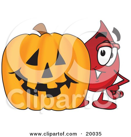 Clipart Picture of a Blood Drop Mascot Cartoon Character With a Carved Halloween Pumpkin  by Mascot Junction