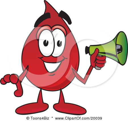 Clipart Picture of a Blood Drop Mascot Cartoon Character Holding a Megaphone by Mascot Junction