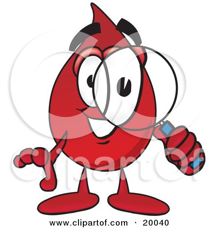Clipart Picture of a Blood Drop Mascot Cartoon Character Looking Through a Magnifying Glass by Mascot Junction