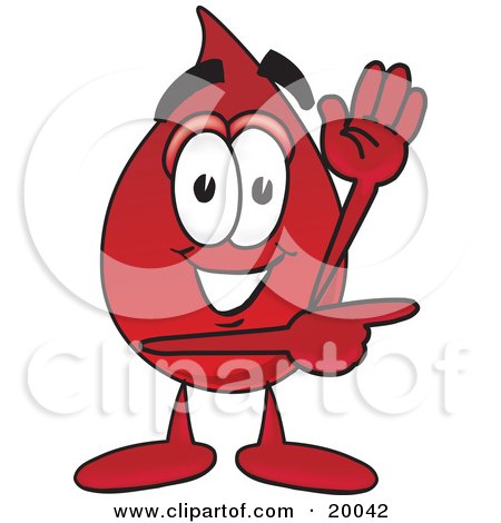 Clipart Picture of a Blood Drop Mascot Cartoon Character Waving and Pointing by Mascot Junction