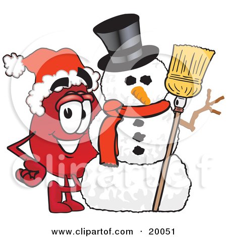 Clipart Picture of a Blood Drop Mascot Cartoon Character With a Snowman on Christmas by Mascot Junction