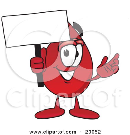 Clipart Picture of a Blood Drop Mascot Cartoon Character Holding a Blank Sign by Mascot Junction