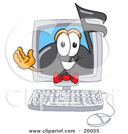 Clipart Picture of a Music Note Mascot Cartoon Character Waving From Inside a Computer Screen by Mascot Junction