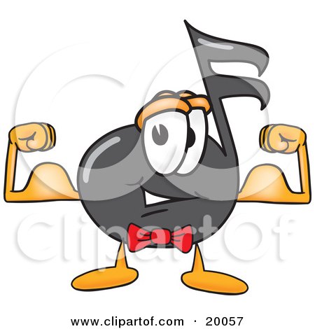 Clipart Picture of a Music Note Mascot Cartoon Character Flexing His Arm Muscles by Mascot Junction