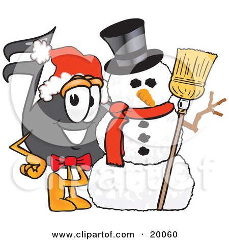 Clipart Picture of a Music Note Mascot Cartoon Character With a Snowman on Christmas by Mascot Junction