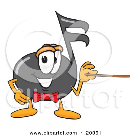 Clipart Picture of a Music Note Mascot Cartoon Character Holding a Pointer Stick by Mascot Junction