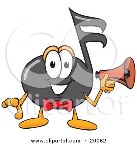 Clipart Picture of a Music Note Mascot Cartoon Character Holding a Megaphone by Mascot Junction