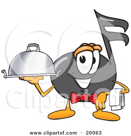 Clipart Picture of a Music Note Mascot Cartoon Character Dressed as a Waiter and Holding a Serving Platter by Mascot Junction