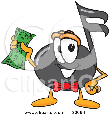 Clipart Picture of a Music Note Mascot Cartoon Character Holding a Dollar Bill  by Mascot Junction