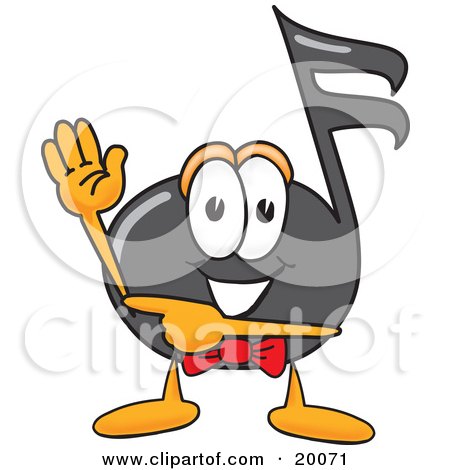Clipart Picture of a Music Note Mascot Cartoon Character Waving and Pointing by Mascot Junction