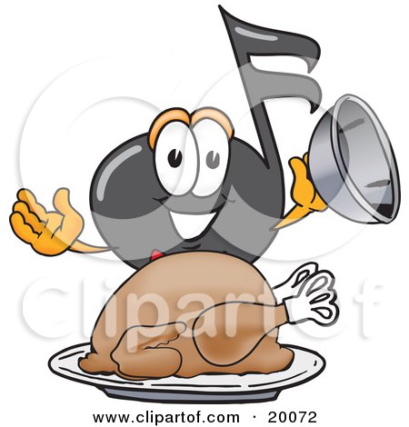 Clipart Picture of a Music Note Mascot Cartoon Character Serving a Thanksgiving Turkey on a Platter by Mascot Junction
