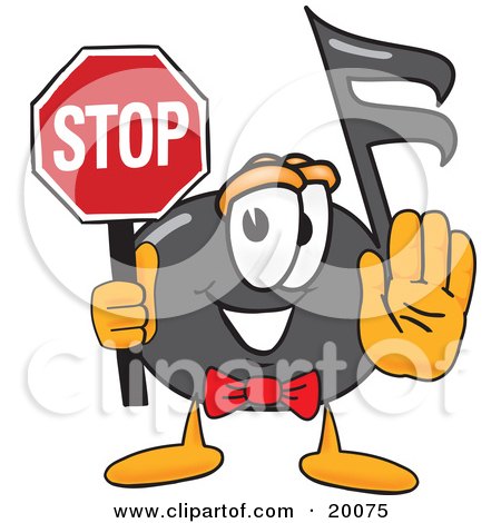Clipart Picture of a Music Note Mascot Cartoon Character Holding a Stop Sign  by Mascot Junction