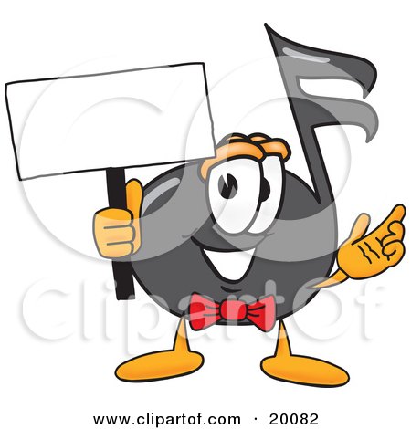 Clipart Picture of a Music Note Mascot Cartoon Character Holding a Blank Sign by Mascot Junction