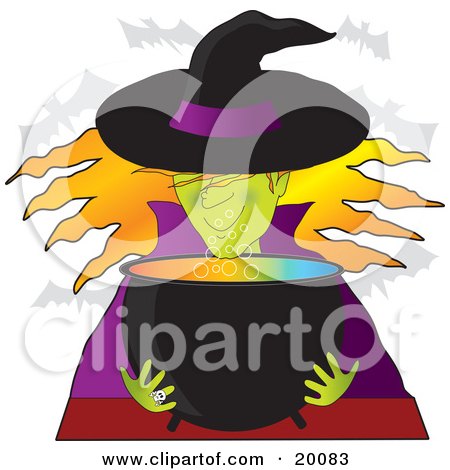 Clipart Illustration of a Green Skinned Halloween Witch In Purple And Black, Smelling Her Colorful Potion In A Cauldron by Maria Bell