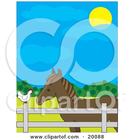 Clipart Illustration of a Brown Horse In A Fenced Pasture, Talking To A White Hen On A Farm On A Sunny Day by Maria Bell