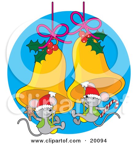 Clipart Illustration of a Cute Pair Of Gray Christmas Mice Wearing Santa Hats And Holding Gingerbread Cookies And Candy Canes While Swinging On Golden Jingle Bells Decorated With Holly by Maria Bell
