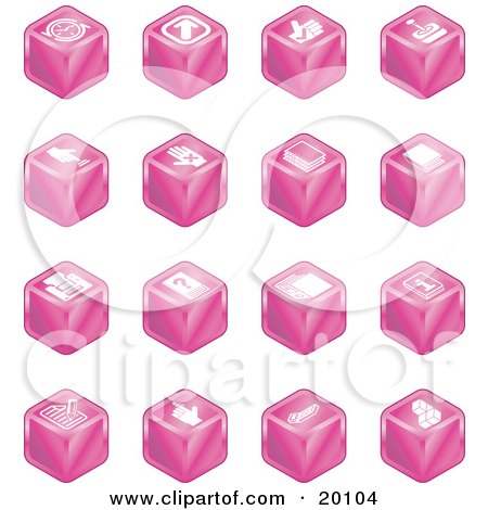 Clipart Illustration of a Collection Of Pink Cube Icons Of Arrows, Joystick, Button, Printer, Information, Compose, Reminder, Calculator And Cubes by AtStockIllustration