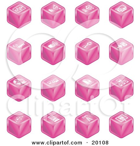 Clipart Illustration of a Pink Cube Icons Of Charts, Connections, Computers, Wireless, Cables, And Communications by AtStockIllustration