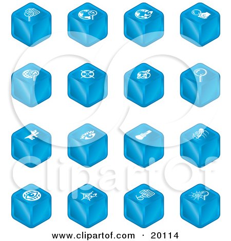 Clipart Illustration of a Collection Of Blue Cube Icons Of Searches, View Finders, Www, Magnifying Glasses, Dogs, Flashlight, And Spider by AtStockIllustration