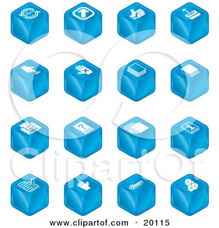 Clipart Illustration of a Collection Of Blue Cube Icons Of Arrows, Joystick, Button, Printer, Information, Compose, Reminder, Calculator And Cubes by AtStockIllustration