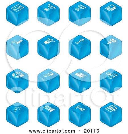 Clipart Illustration of a Blue Cube Icons Of Charts, Connections, Computers, Wireless, Cables, And Communications by AtStockIllustration