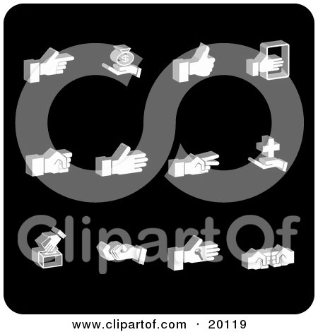 Clipart Illustration of a Collection Of White Pointing, Banking, Thumbs Up, Fist, Medical, Voting, And Beconing Hand Gestures by AtStockIllustration