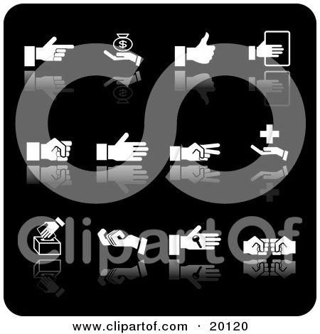 Clipart Illustration of a Collection Of White Pointing, Money, Thumbs Up, Fist, Medical, Voting, Key And Other Hand Gestures On A Black Background by AtStockIllustration