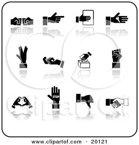 Clipart Illustration of a Collection of Black Hand Gestures On A White Background by AtStockIllustration