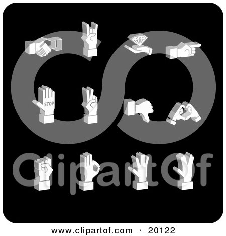 Clipart Illustration of a Collection Of White Handshake, Jeweller, Pointing, Stop, Peace, Thumbs Down, Love, Fist, And Ok Hand Gestures by AtStockIllustration