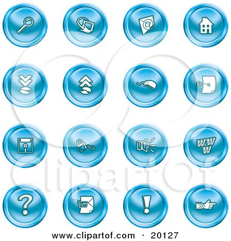 Clipart Illustration of a Collection Of Blue Icons Of A Magnifying Glass, Email, Home Page, Upload, Download, Mouse, Key, Disc, Padlock, Speaker, Www, Questionmark, And Exclamation Point by AtStockIllustration