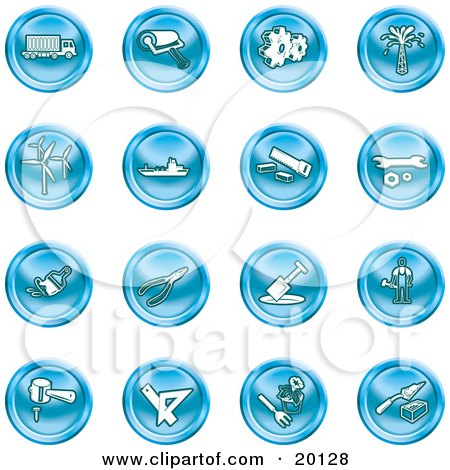 Clipart Illustration of a Collection Of Blue Icons Of A Big Rig, Paint Roller, Cogs, Oil, Turbines, Ship, Saw, Wrench, Pliers, Shovel, Hammer, Gardening And Brick Laying by AtStockIllustration