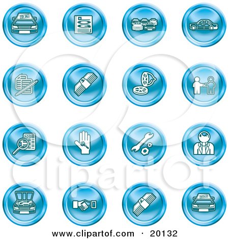 Clipart Illustration of a Collection Of Blue Icons Of Cars, A Log, Cash, Lemon, Dealer, Ads, Key, Wrench, Engine, Handshake And Money by AtStockIllustration