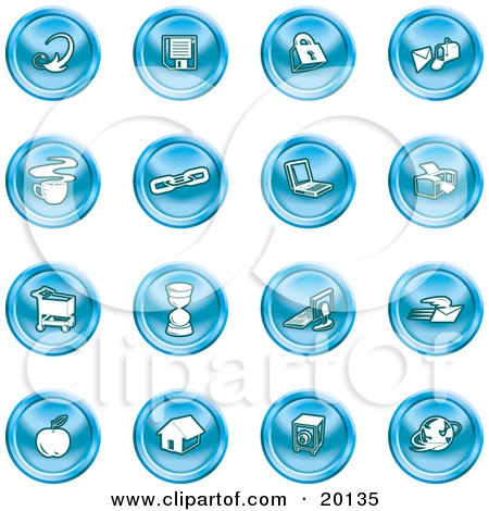 Clipart Illustration of a Collection Of Blue Icons Of An Arrow, Floppy Disc, Padlock, Mail, Coffee, Link, Laptop, Printer, Shopping Cart, Hourglass, Computer, Email, Apple, House, Camera And Globe by AtStockIllustration