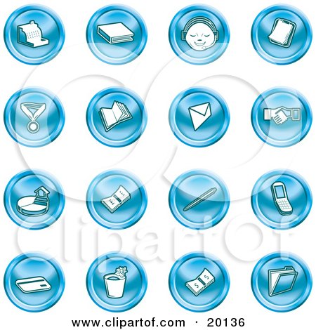 Clipart Illustration of a Collection Of Blue Icons Of A Cash Register, Book, Customer Service, Medal, Envelope, Handshake, Pie Chart, Pen, Cell Phone, Credit Card, And Folder by AtStockIllustration