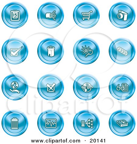 Clipart Illustration of a Collection Of Blue Icons Of A Calendar, Cables, Shopping Cart, Camera, Check Mark, Fortress, News, Trash Can, Chart, Networking And Information by AtStockIllustration