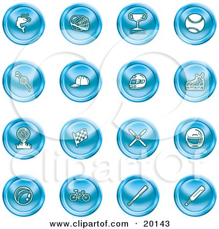 Clipart Illustration of a Collection Of Blue Fishing, Hockey, Trophy, Baseball, Golfing, Racing, Ice Skating, Skiing, Cricket, And Cycling Sports Icons by AtStockIllustration