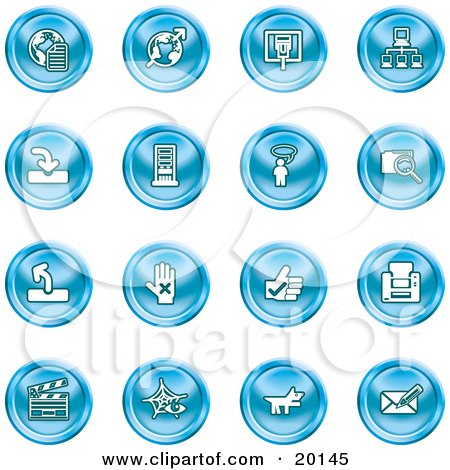 Clipart Illustration of a Collection Of Blue Icons Of The Www, Connectivity, Networking, Upload, Downloads, Computers, Messenger, Printing, Clapperboard And Email by AtStockIllustration