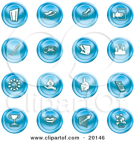 Clipart Illustration of a Collection Of Blue Icons Of A Door, Tape Dispenser, Tack, Pencil, Phone, Champion, Lightbulb, Money Bag, Piggy Bank, Cell Phone, Trophy, Lips, Chart, And Plant by AtStockIllustration
