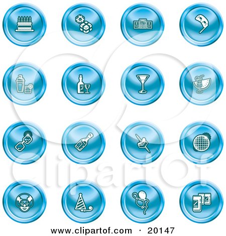 Clipart Illustration of a Collection Of Blue Icons Of Gifts, Radio, Mask, Alcohol, Kebobs, Disco Ball, Clown, Party Hats, Balloons And Beer by AtStockIllustration