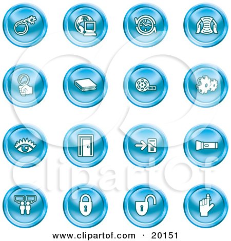Clipart Illustration of a Collection Of Blue Icons Of A Bomb, Computer, Letter, Magnifying Glass, Book, Film, Cogs, Eye, Door, Flashlight, Messenger, Padlocks And Reminder by AtStockIllustration