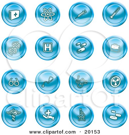 Clipart Illustration of a Collection of Blue Icons of Medicine, Science and Biology by AtStockIllustration