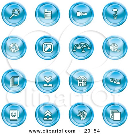 Clipart Illustration of a Collection of Blue Icons Of A Magnifying Glass, Cash Register, Flashlight, Internet, Film, Upload, Download, Home Page, And Connectivity by AtStockIllustration