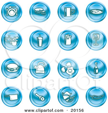 Clipart Illustration of a Collection of Blue Icons of Food and Kitchen Items by AtStockIllustration