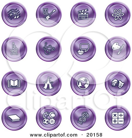 Clipart Illustration of a Collection Of Purple Icons Of Music Notes, Guitar, Clapperboard, Atom, Microscope, Atoms, Messenger, Painting, Book, Circus Tent, Globe, Masks, Sports Balls, And Math by AtStockIllustration