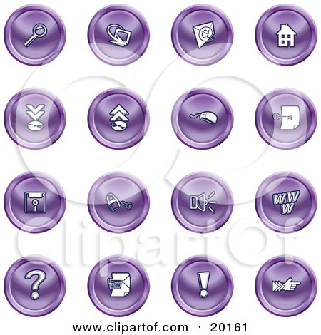 Clipart Illustration of a Collection Of Purple Icons Of A Magnifying Glass, Email, Home Page, Upload, Download, Mouse, Key, Disc, Padlock, Speaker, Www, Questionmark, And Exclamation Point by AtStockIllustration