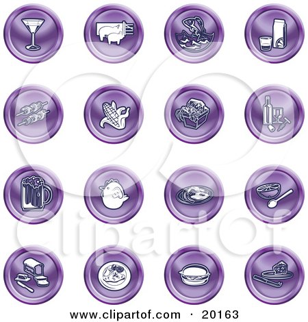 Clipart Illustration of a Collection Of Purple Food Icons Of A Martini, Pigs, Fish, Juice, Kebobs, Corn, Wine, Beer, Chicken, Breakfast, Fruit, Bread, Meal, Burger And Cheese by AtStockIllustration