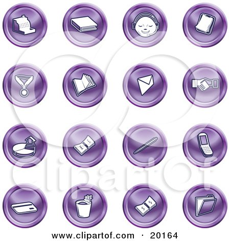 Clipart Illustration of a Collection Of Purple Icons Of A Cash Register, Book, Customer Service, Medal, Envelope, Handshake, Pie Chart, Pen, Cell Phone, Credit Card, And Folder by AtStockIllustration